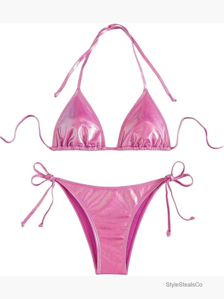 Women's Two Piece Metallic Triangle Bikini Set Halter String Tie Side Swimsuit